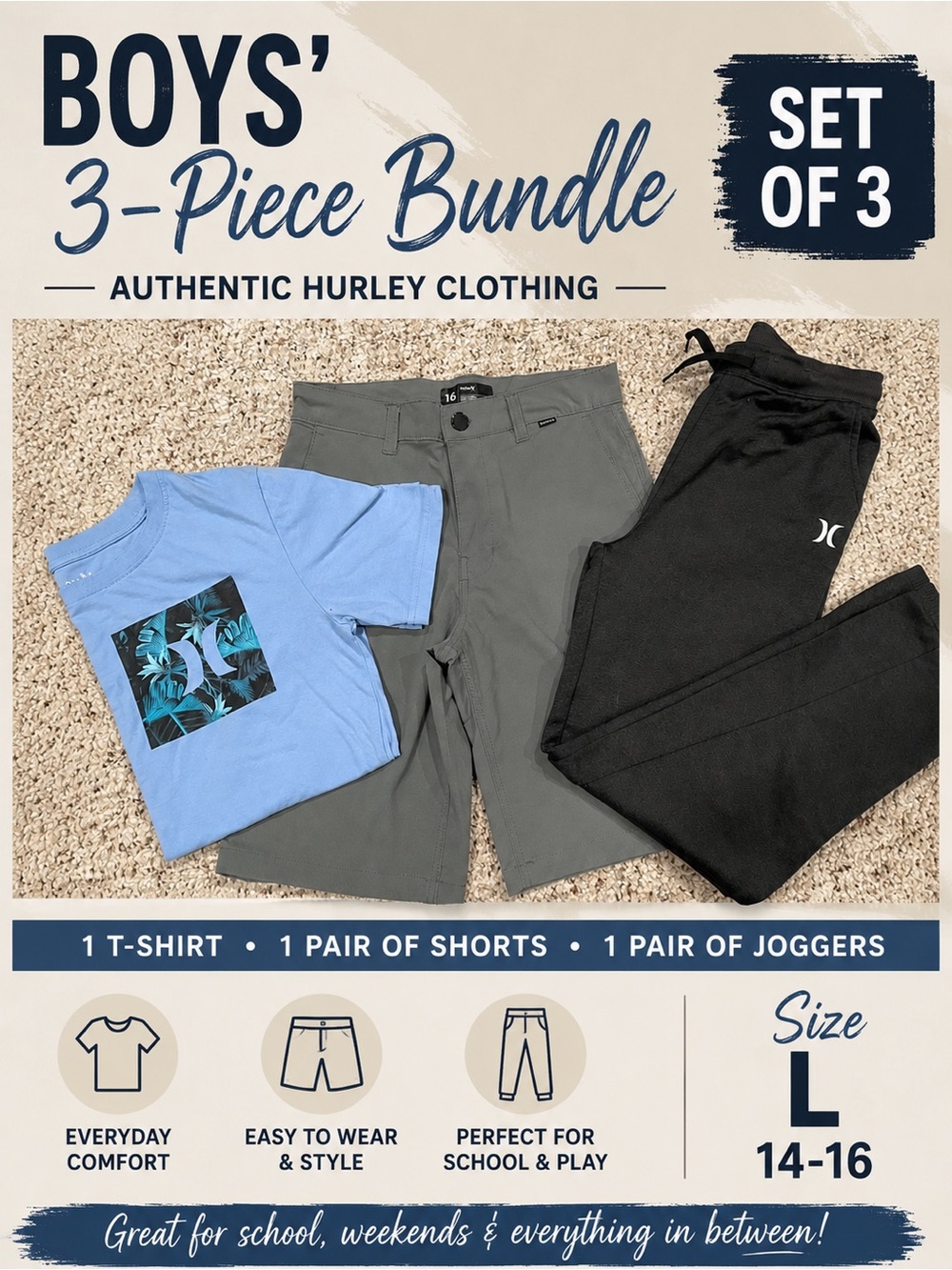 Boys Hurley Shorts, Joggers, T-shirt Bundle (Size L & 14/16)